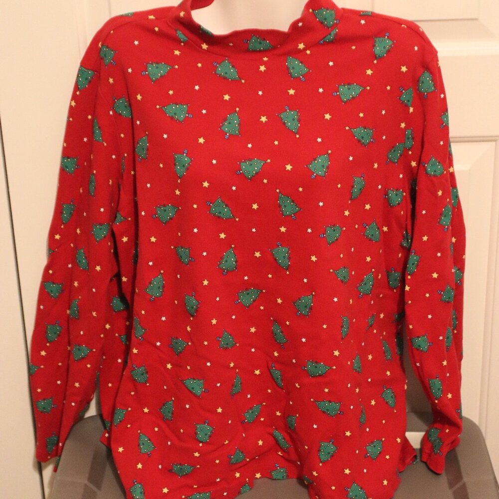 Holiday Editions Red Long Sleeve Mock Neck with Christmas Tree Star Design 2X